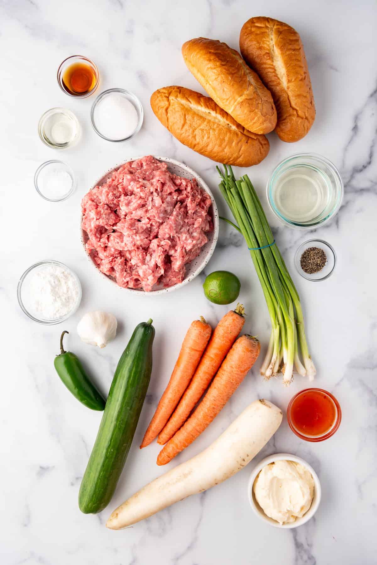 Ingredients for a banh mi with Vietnamese-inspired meatballs.