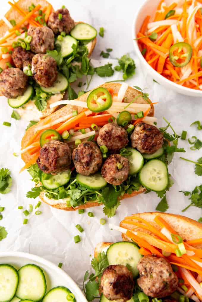 An overhead image of banh mi sandwiches.