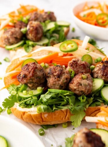 A banh mi sandwich with Vietnamese-inspired meatballs.