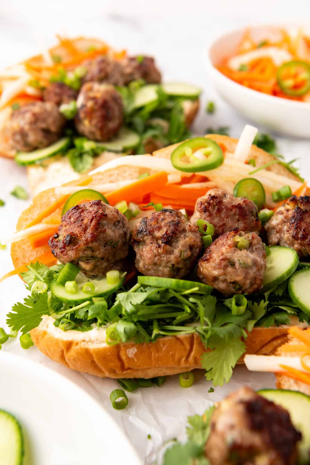 A banh mi sandwich with Vietnamese-inspired meatballs.