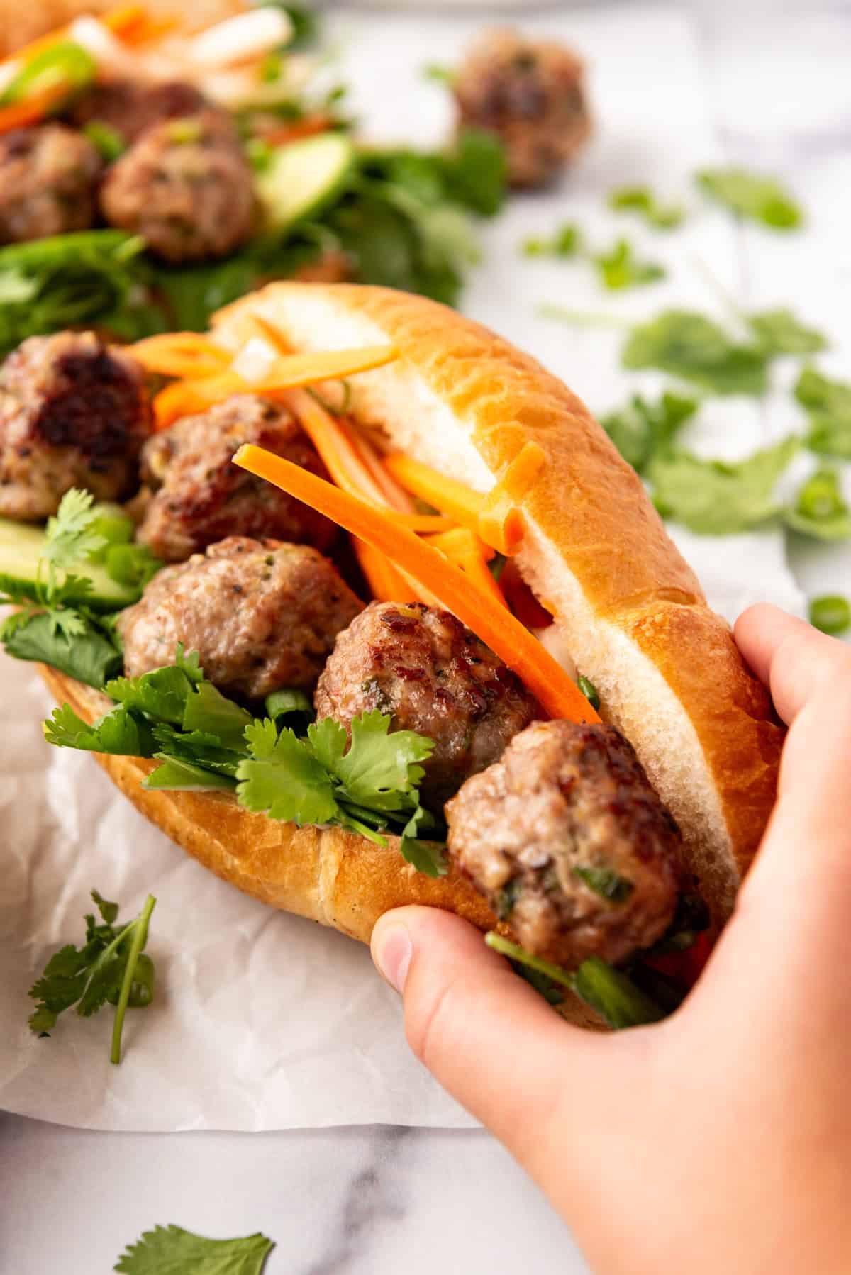 An image of a hand grabbing hold of a meatball banh mi sandwich.