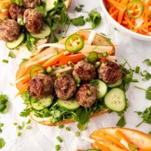 An overhead image of banh mi sandwiches.