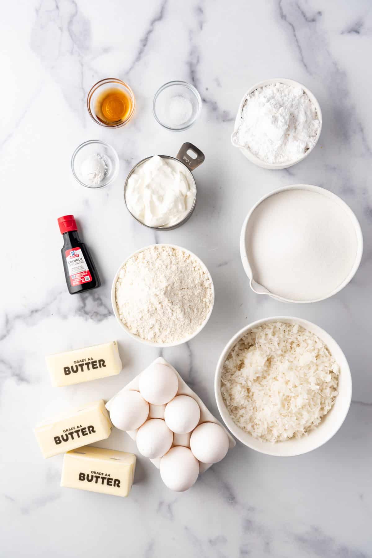 Ingredients for making coconut bundt cake.