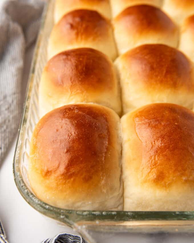 A close up image of buttery dinner rolls in rows.