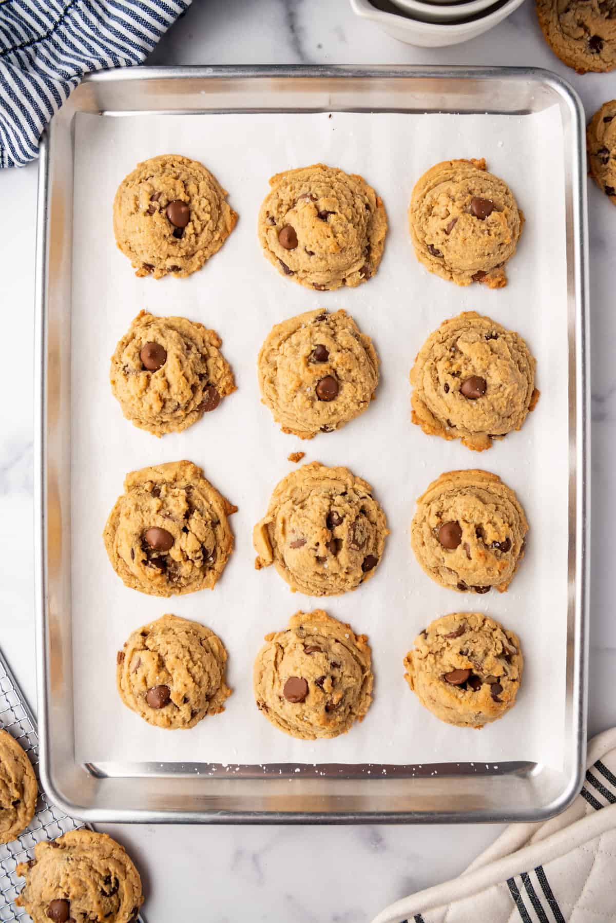 Baked cookies on a cookie sheet.