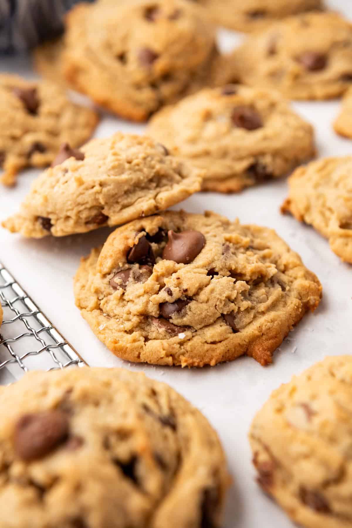 A side view of oatmeal peanut butter chocolate chip cookies with some stacked against the others.