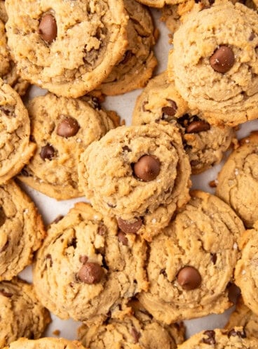 An overhead image of oatmeal peanut butter chocolate chip cookies.