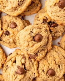 An overhead image of oatmeal peanut butter chocolate chip cookies.