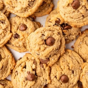 An overhead image of oatmeal peanut butter chocolate chip cookies.