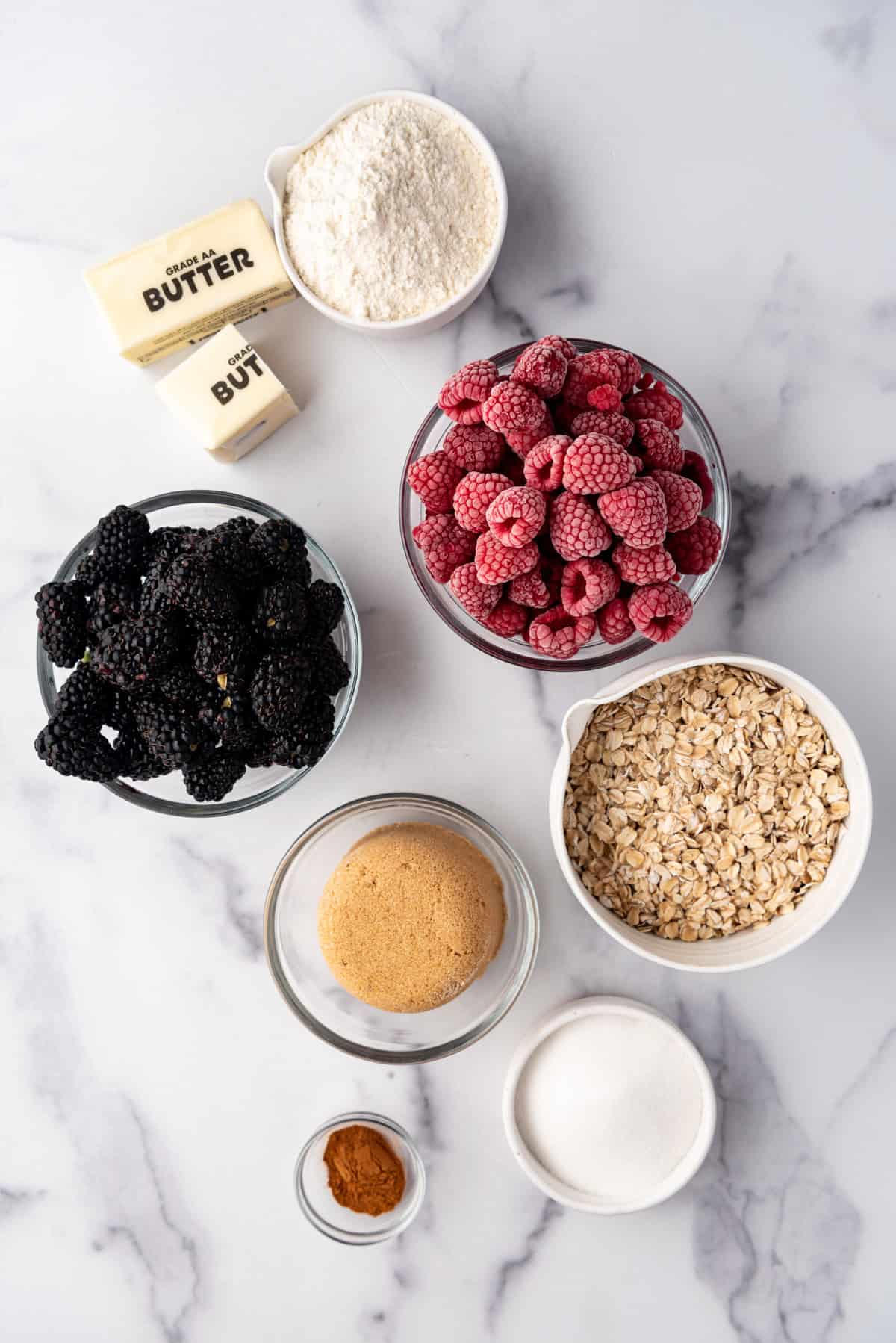 Ingredients for making a mixed berry crisp.