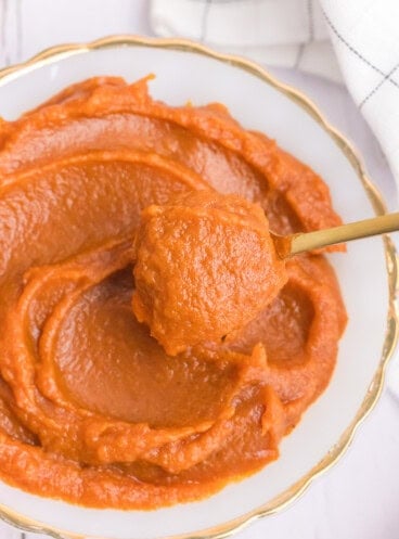 An image of pumpkin butter with a spoon in it.