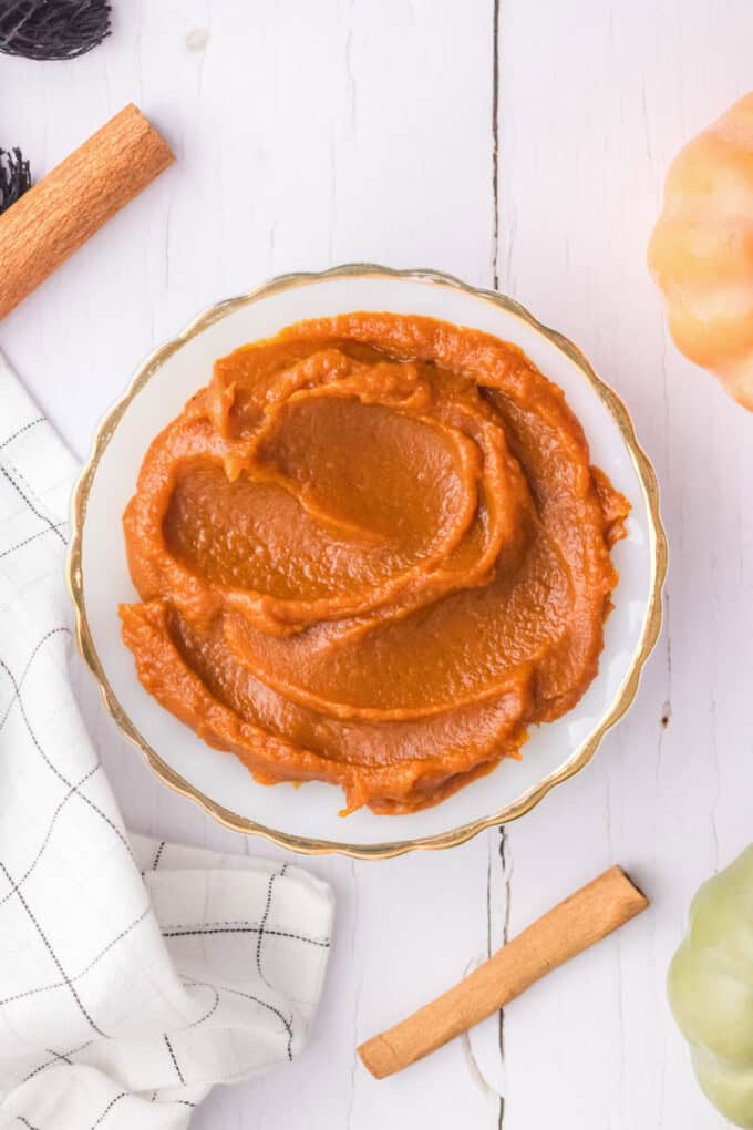 An overhead image of a bowl of pumpkin butter.