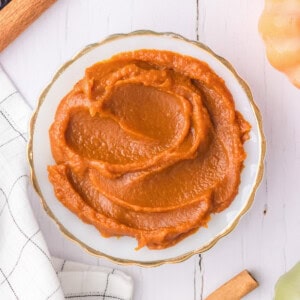 An overhead image of a bowl of pumpkin butter.