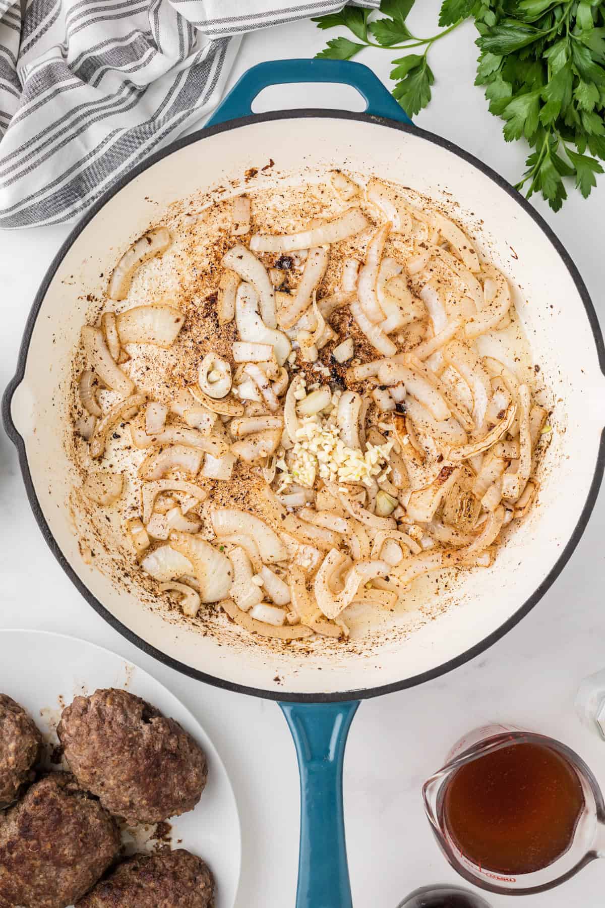 Sauteed onions in a large skillet.