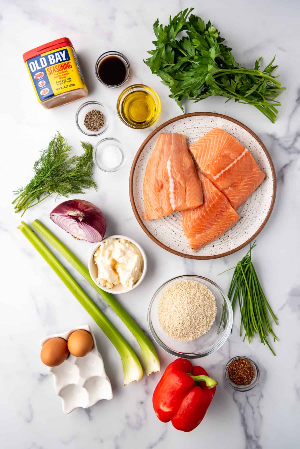 Ingredients needed to make Salmon Cakes recipe.