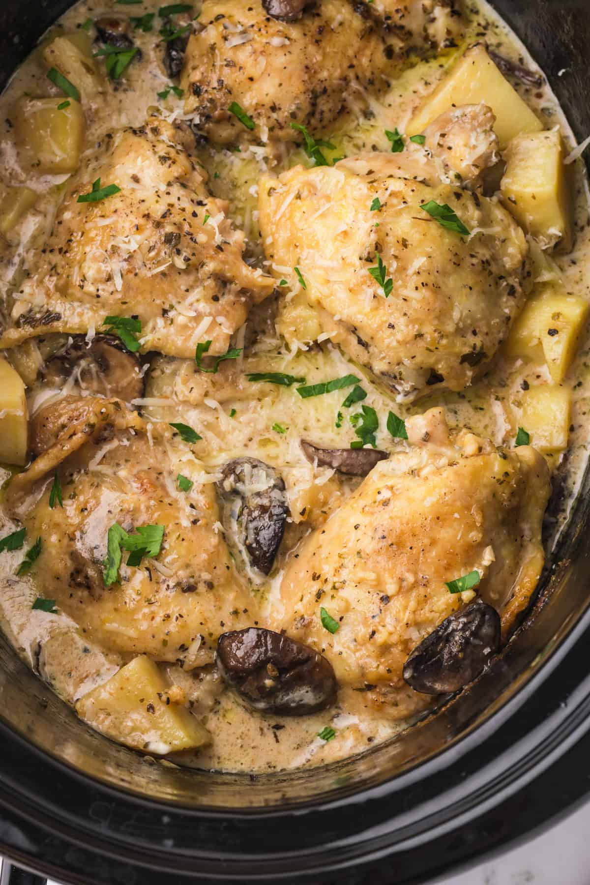 A close up image of garlic parmesan chicken thighs cooked in a slow cooker.