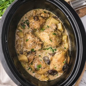 An overhead image of slow cooker garlic parmesan chicken in the slow cooker.