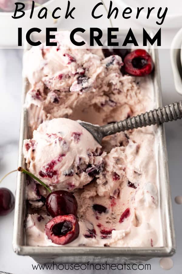 A container of homemade black cherry ice cream with text overlay.