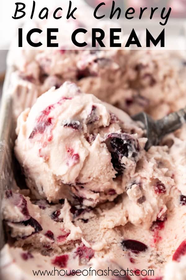 A close up image of a scoop of black cherry ice cream with text overlay.