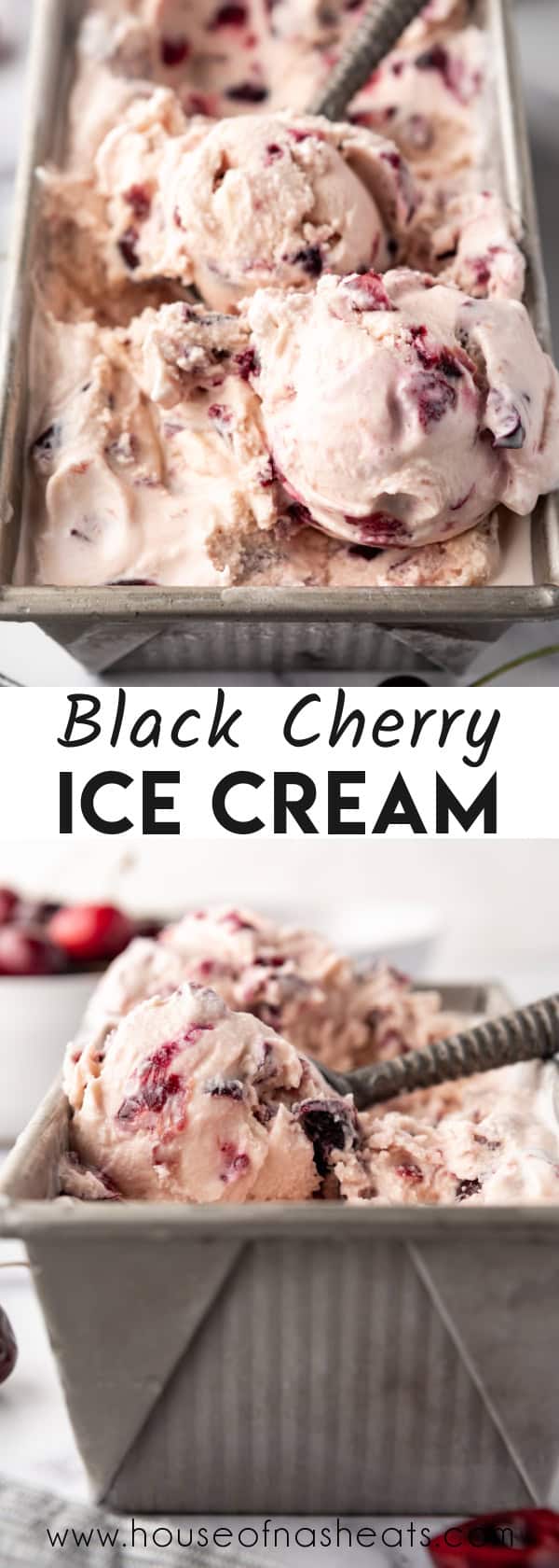 A collage of images of black cherry ice cream with text overlay.