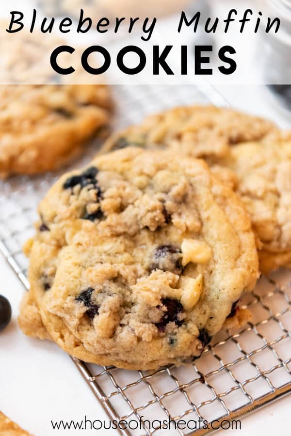 Blueberry muffin cookies on a wire cooling rack with text overlay.