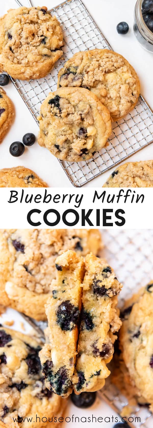 A collage of images of blueberry muffin cookies with text overlay.