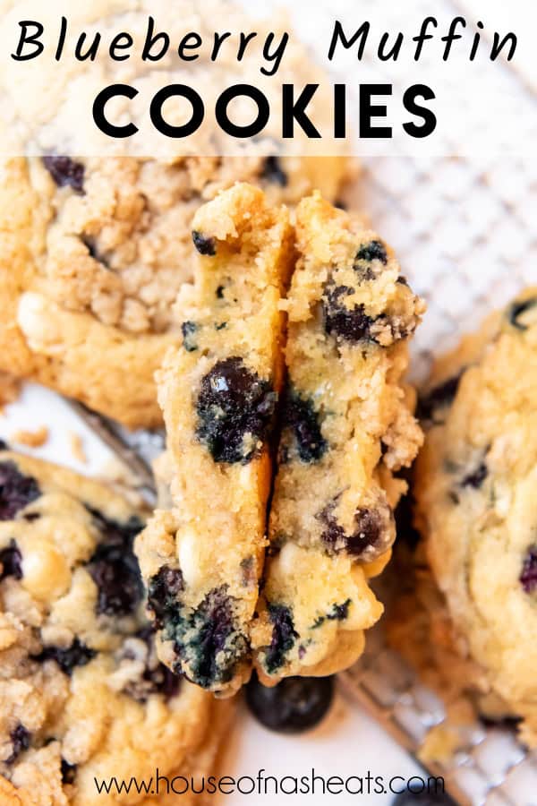 An overhead image of a blueberry muffin cookie with text overlay.