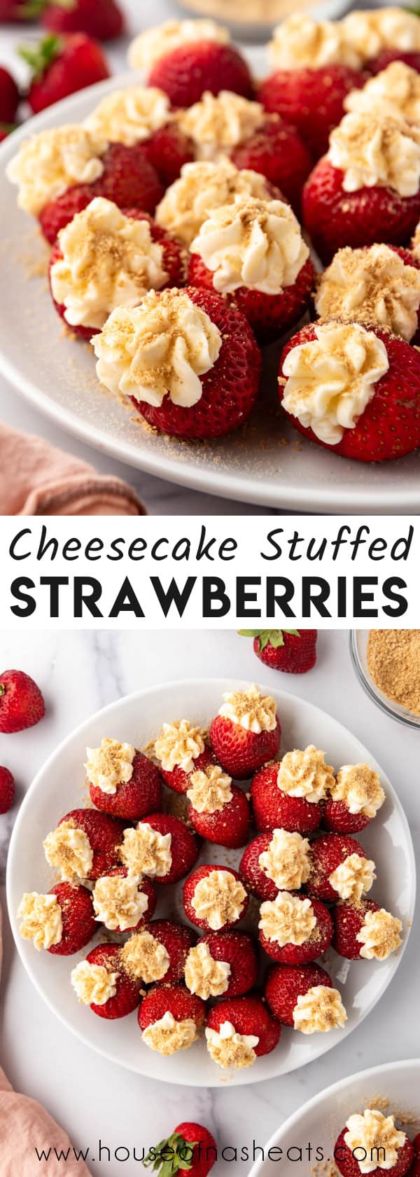 A collage of images of cheesecake stuffed strawberries with text overlay.