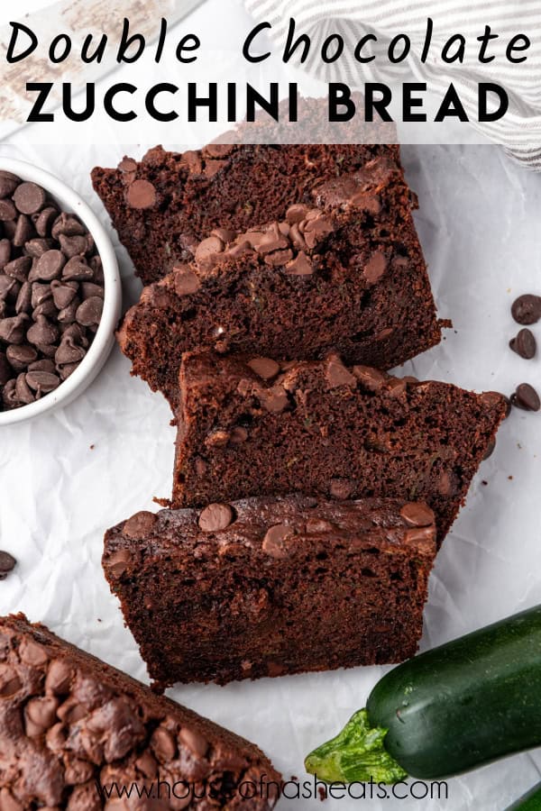 An overhead image of slices of chocolate zucchini bread with text overlay.