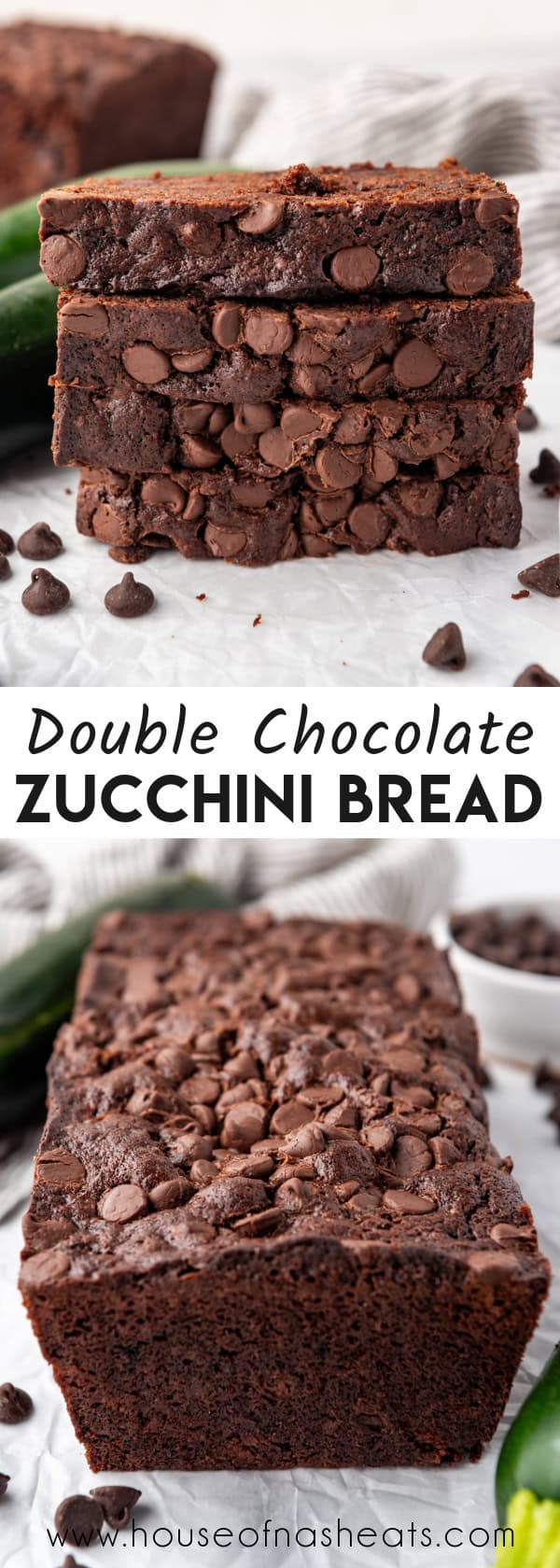 A collage of images of chocolate zucchini bread with text overlay.