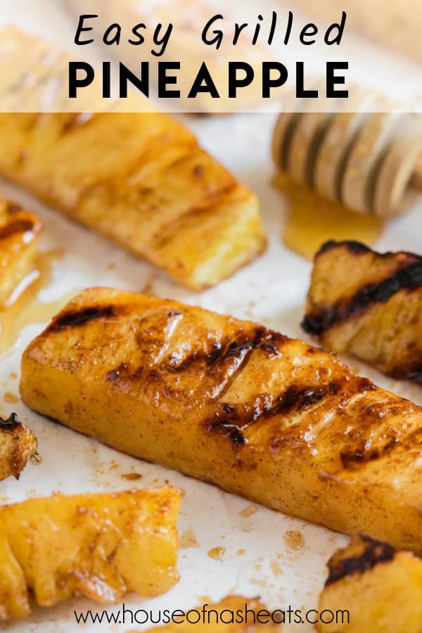 Grilled pineapple spears with text overlay.