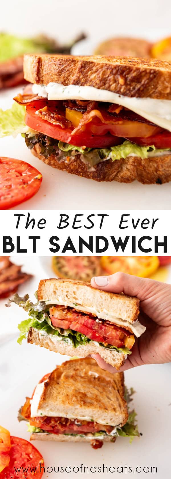 A collage of images of a blt sandwich with text overlay.