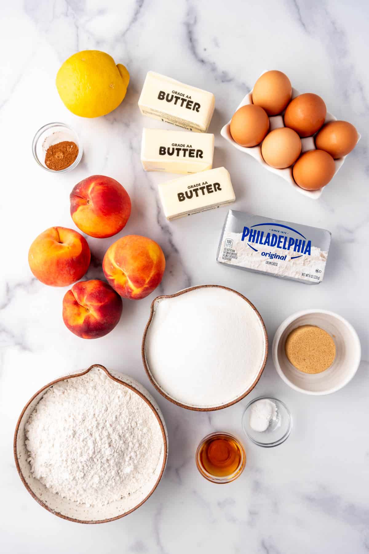 Ingredients for making a peach cobbler pound cake.