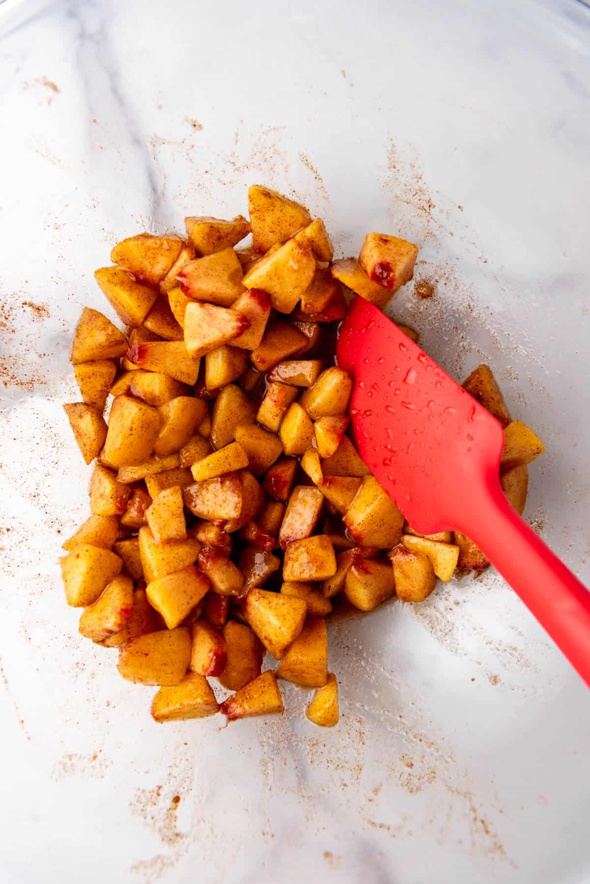 Easy peach pie filling in a bowl.