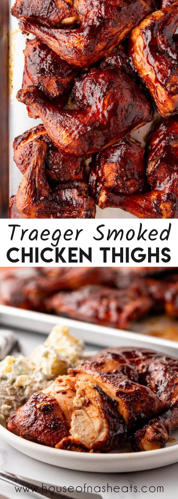 A collage of images of smoked chicken thighs with text overlay.