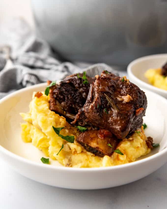 Close up image of a serving of Braised Short Ribs on a bed of mashed potatoes, in a white plate on a white countertop.