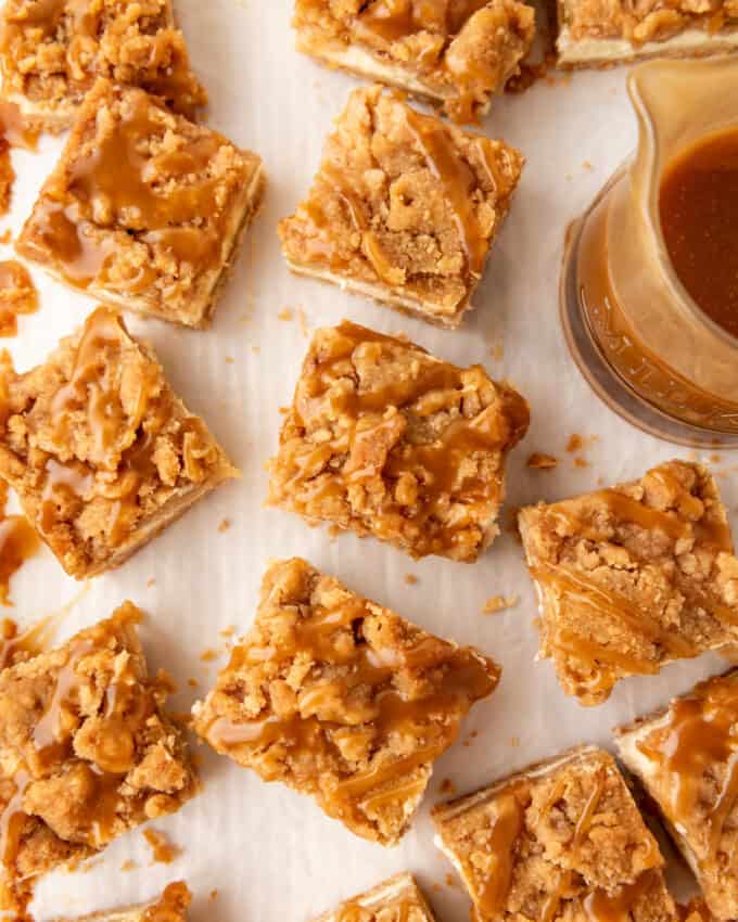 Overhead view of Caramel Apple Cheesecake Bars.