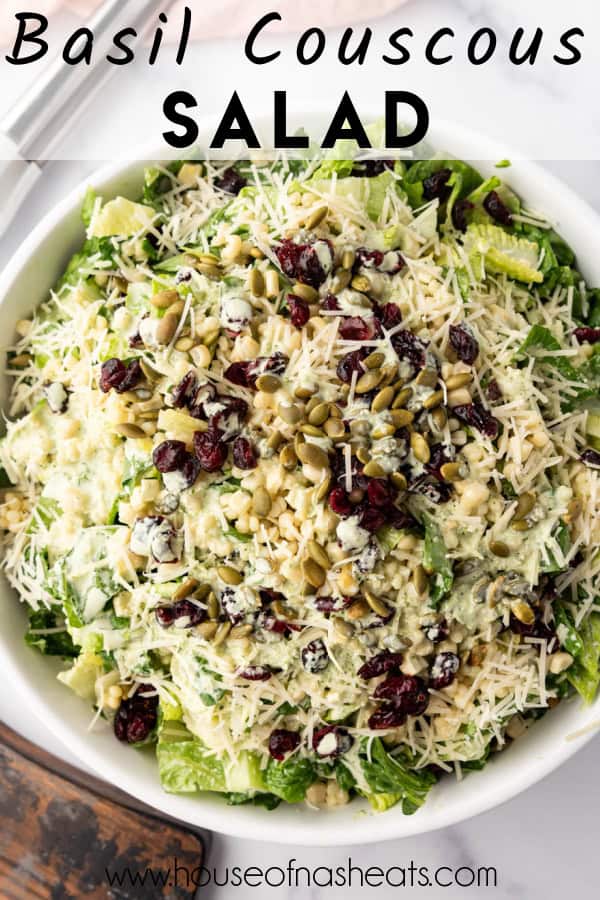 An overhead image of a serving bowl of basil couscous salad with text overlay.