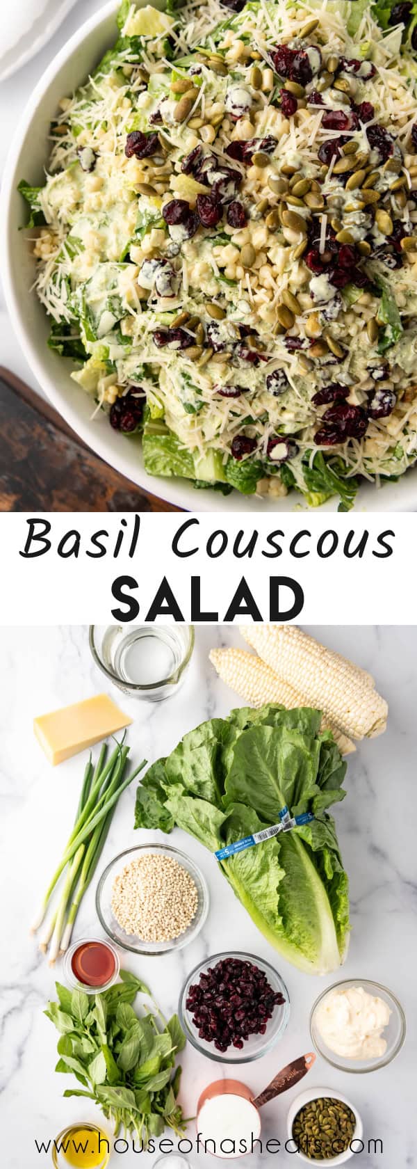 A collage of images of basil couscous salad with text overlay.