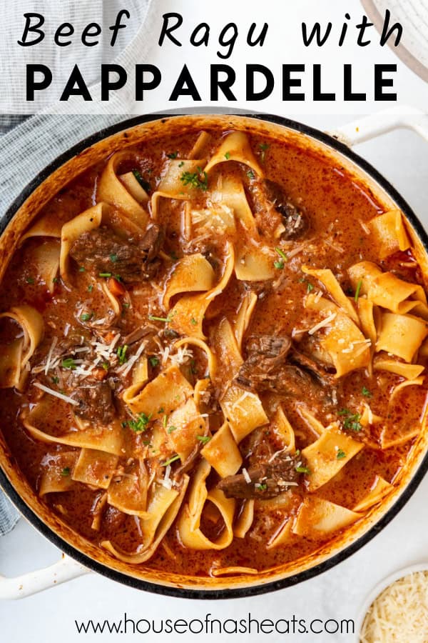 A large pot of cooked pappardelle pasta with shredded beef ragu with text overlay.