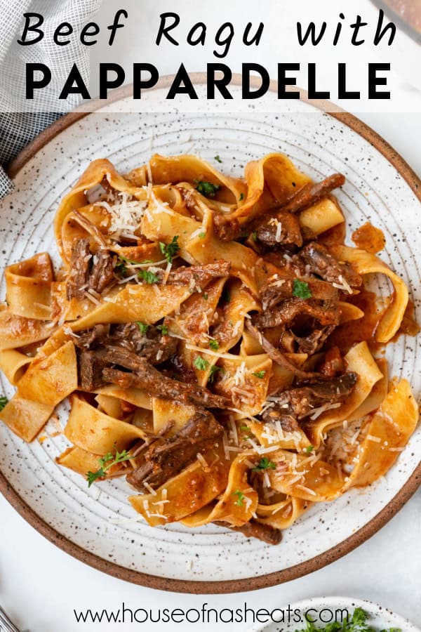 A plate of beef ragu with pasta with text overlay.