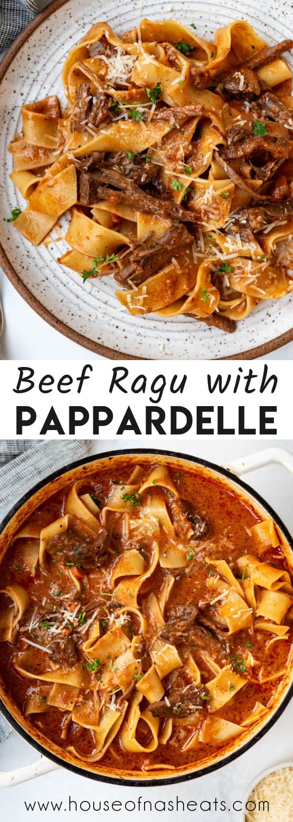 A collage of images of beef ragu with pappardelle with text overlay.