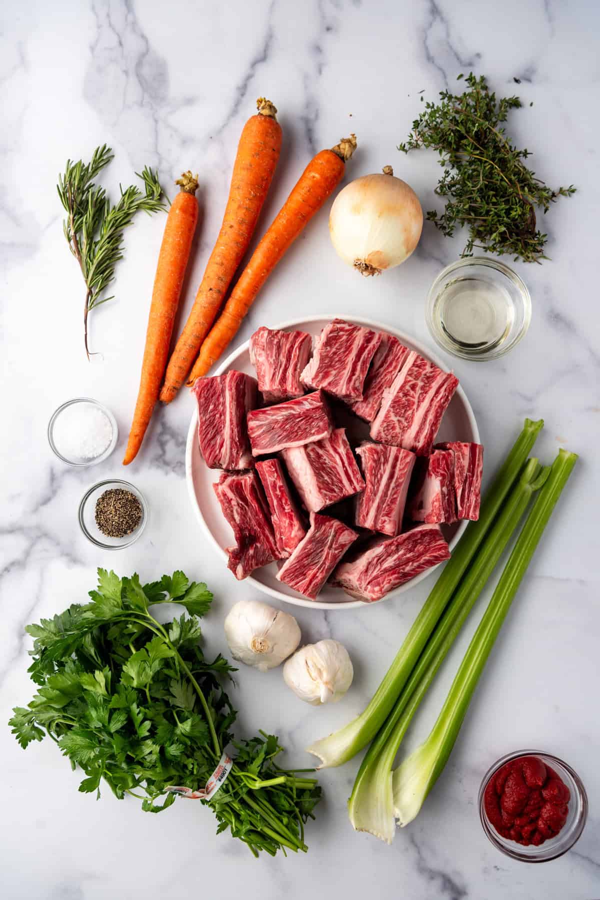 Overhead image of ingredients needed to make Braised Short Ribs.