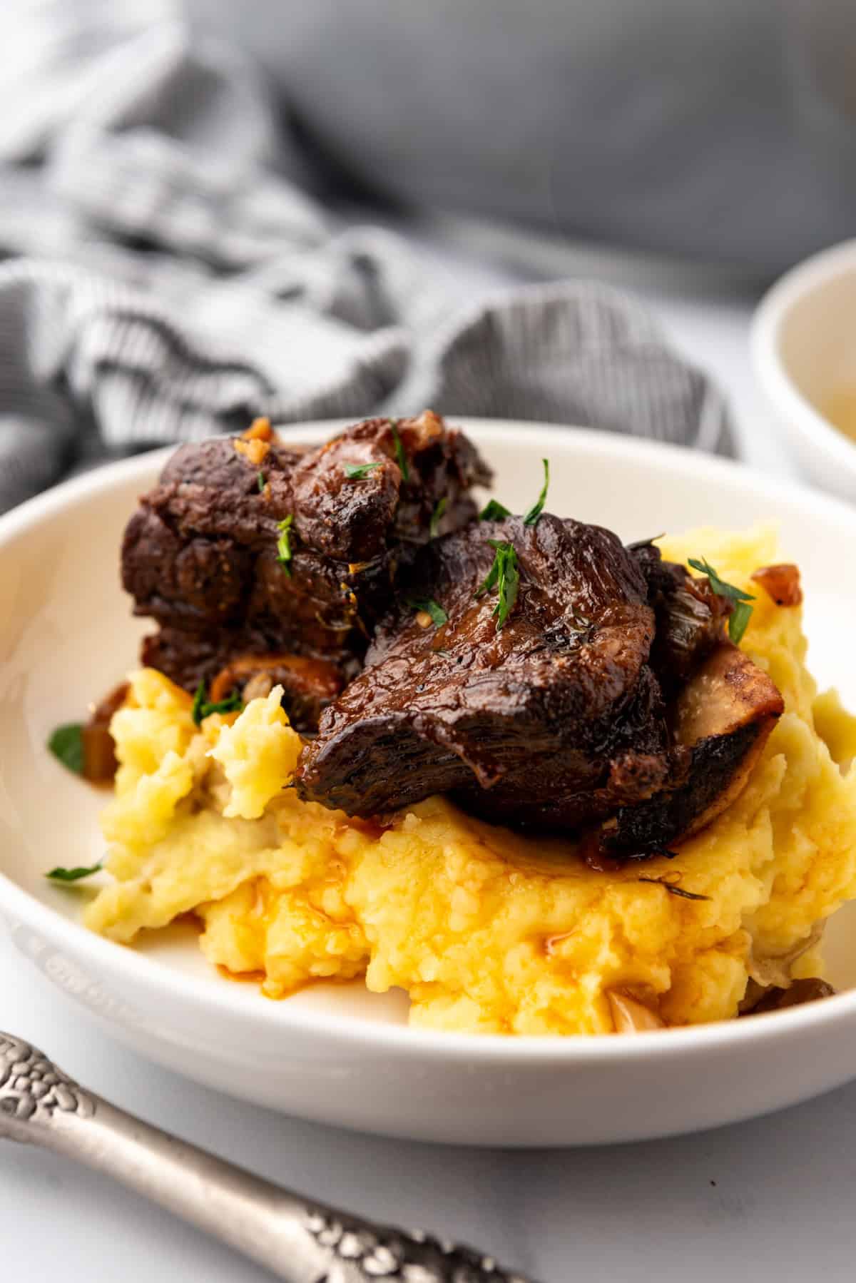 Close up image of a serving of Braised Short Ribs on a bed of mashed potatoes, in a white plate on a white countertop.