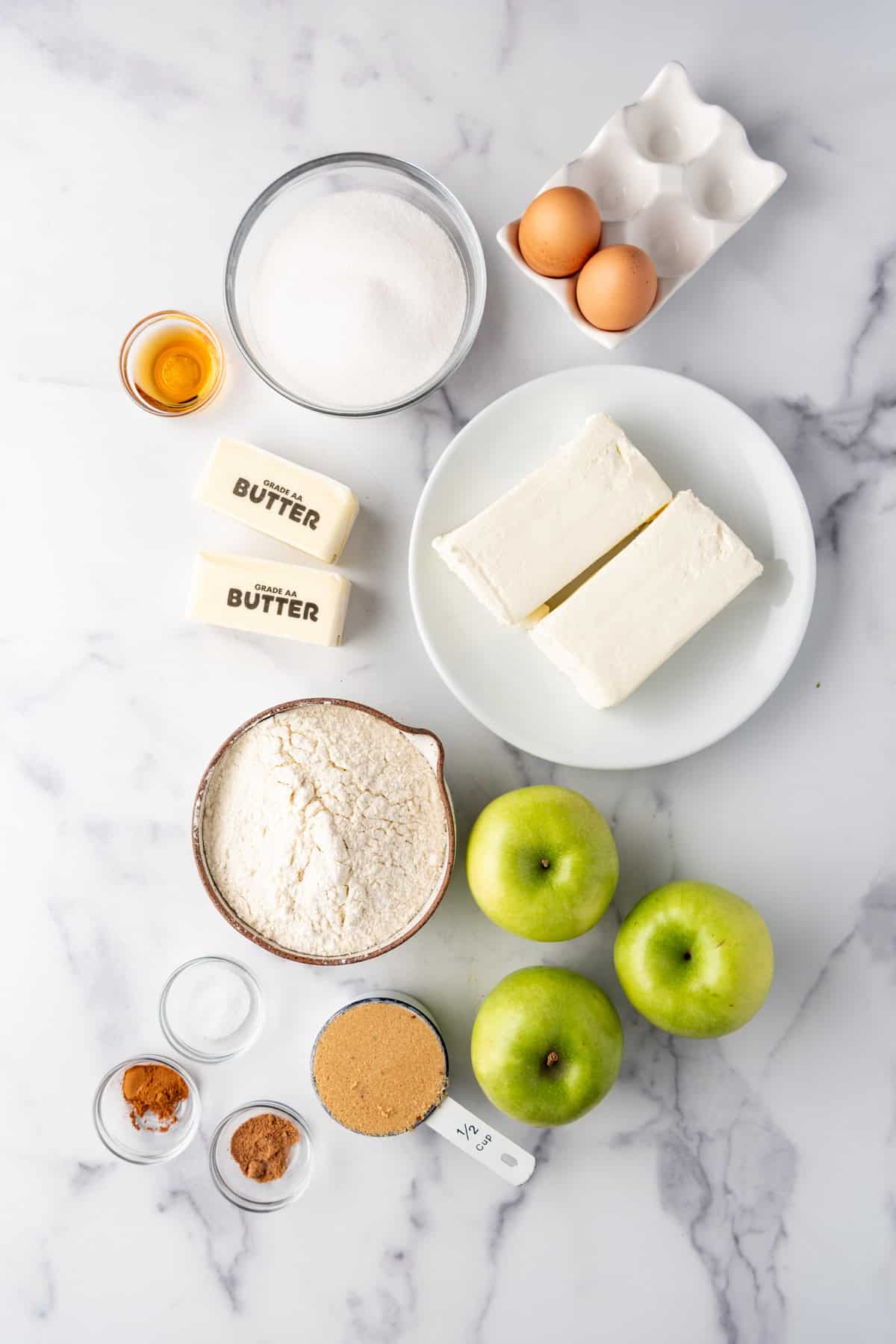 Overhead view of ingredients needed to make Caramel Apple Cheesecake Bars.