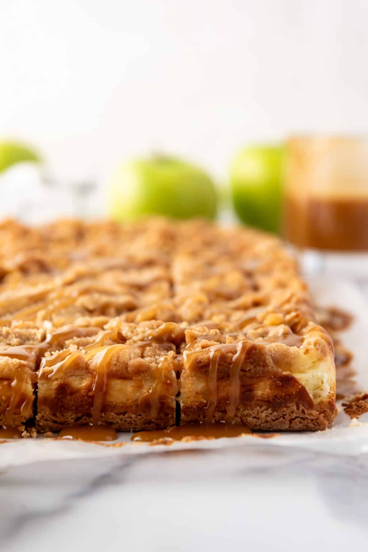 A side view of apple cheesecake bars drizzled with caramel sauce.