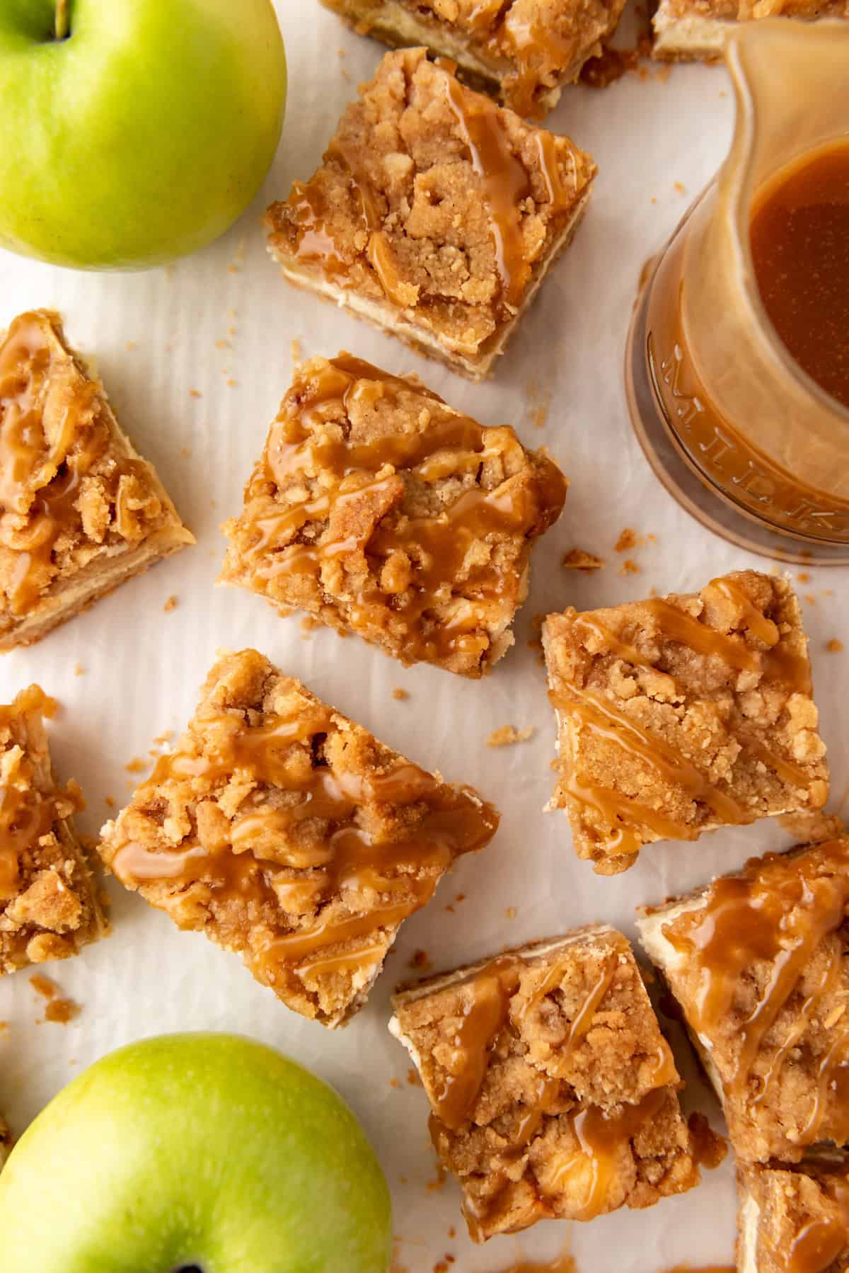 Overhead view of Caramel Apple Cheesecake Bars.