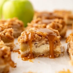 Square image of Caramel Apple Cheescake Bars.