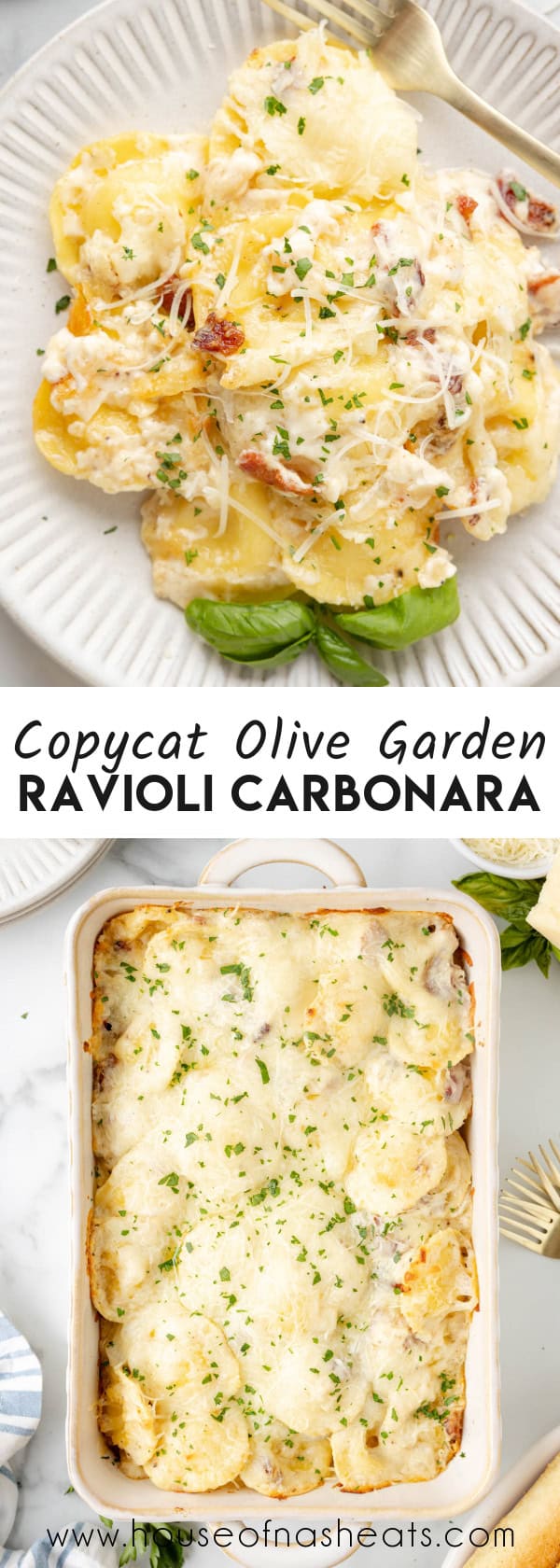 A collage of images of copycat Olive Garden ravioli carbonara with text overlay.