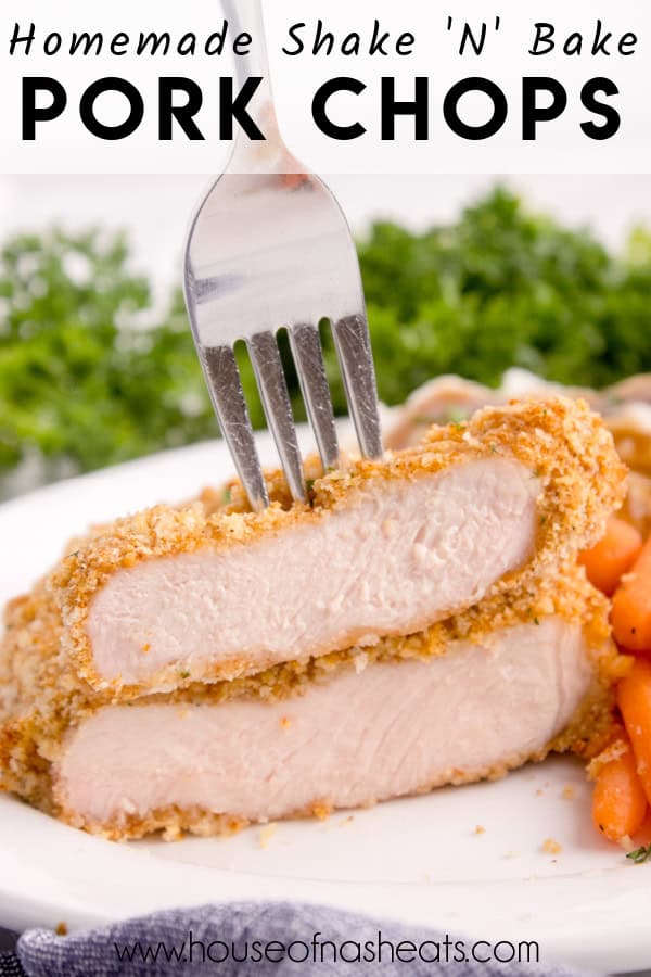 A fork spearing a piece of moist pork chop with text overlay.